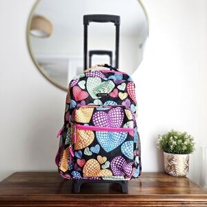 Rockland Rolling Backpack School Bag Travel Luggage Mesh Pockets New Heart 17″
